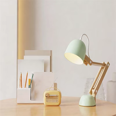 Light Green Minimalist Table Lamp with Wooden Base on Desk for Study and Stationery 3d model
