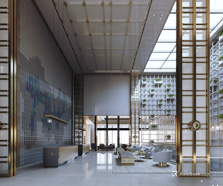 Modern Hotel Lobby With Gold Accents Glass Skylight Marble Floor Reception Desk And Lounge 3d model 