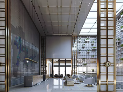 Modern Hotel Lobby With Gold Accents Glass Skylight Marble Floor Reception Desk And Lounge 3d model