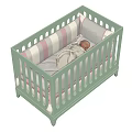 Light Green Baby Crib with Vertical Railing Design and Striped Mattress Featuring Plush Toy