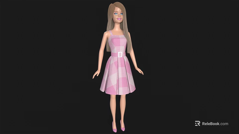 Fashion Doll with Long Blonde Hair Wearing Pink Plaid Dress White Belt and Pink Heels 3d model 