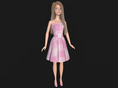 Fashion Doll with Long Blonde Hair Wearing Pink Plaid Dress White Belt and Pink Heels 3d model