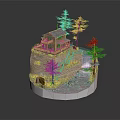 Cartoon Scenic Diorama With Log Cabin Pine Trees Hillside Stream And Stone Steps