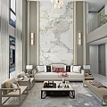 Duplex Living Room Interior With Large Marble Mural Modern Wall Sconces Sofa And Coffee Table 3d model