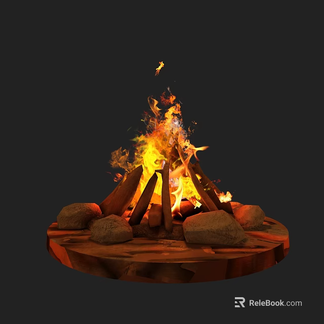 Bonfire Scene With Burning Flames Stacked Logs Stones And Circular Wooden Base 3d model 
