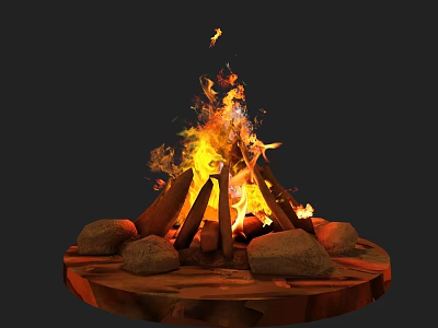 Bonfire Scene With Burning Flames Stacked Logs Stones And Circular Wooden Base 3d model