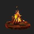 Bonfire Scene With Burning Flames Stacked Logs Stones And Circular Wooden Base