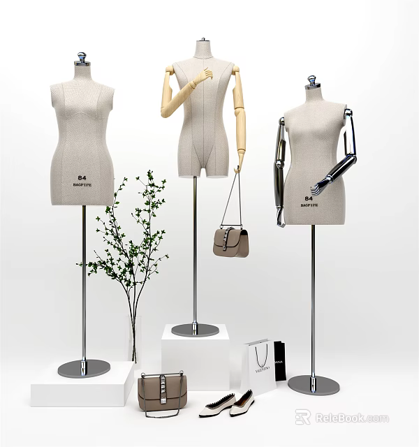 Fashion Mannequins Display With Handbag Small Plant Shopping Bag And Cosmetics 3d model 
