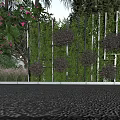 Garden Landscape with Green Fence Planted Bushes and Pink Flower Tree on Gravel Ground