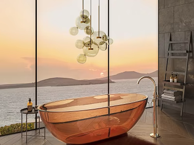 Amber Transparent Oval Shaped Bathtub With Sea View Sunset And Hanging Pendant Lights 3d model