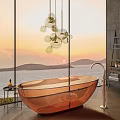 Amber Transparent Oval Shaped Bathtub With Sea View Sunset And Hanging Pendant Lights