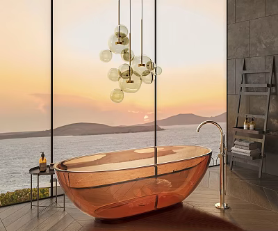 Amber Transparent Oval Shaped Bathtub With Sea View Sunset And Hanging Pendant Lights 3d model