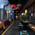 Traditional Chinese Restaurant Interior With Round Window Lanterns Wooden Lattice And Rockery Decor