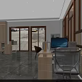 Modern Office Workspace With Desks Computers Chairs Elevator And Company Logo