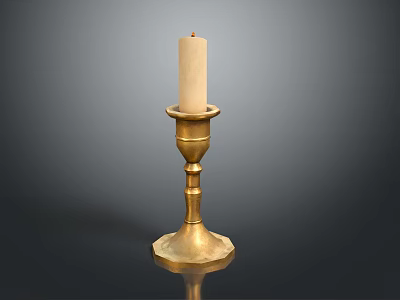 Golden Brass Candle Holder Furniture with White Candle and Hexagonal Base for Home Decor 3d model