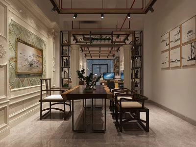 Chinese Style Office Interior With Wooden Table Chairs Bookshelves And Decorative Paintings 3d model