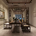 Chinese Style Office Interior With Wooden Table Chairs Bookshelves And Decorative Paintings