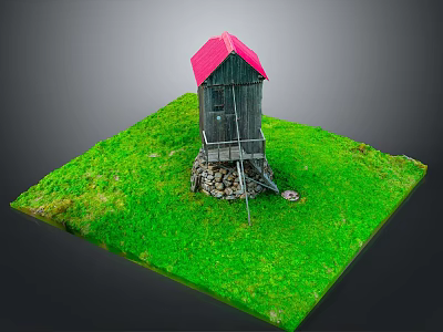 Small Traditional Wooden Cabin With Red Roof On Stone Foundation In Green Grassy Area 3d model