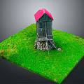 Small Traditional Wooden Cabin With Red Roof On Stone Foundation In Green Grassy Area