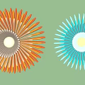 Flower Shaped Decorative Pieces With Radial Pattern In Teal And Orange Brown On Gray Background