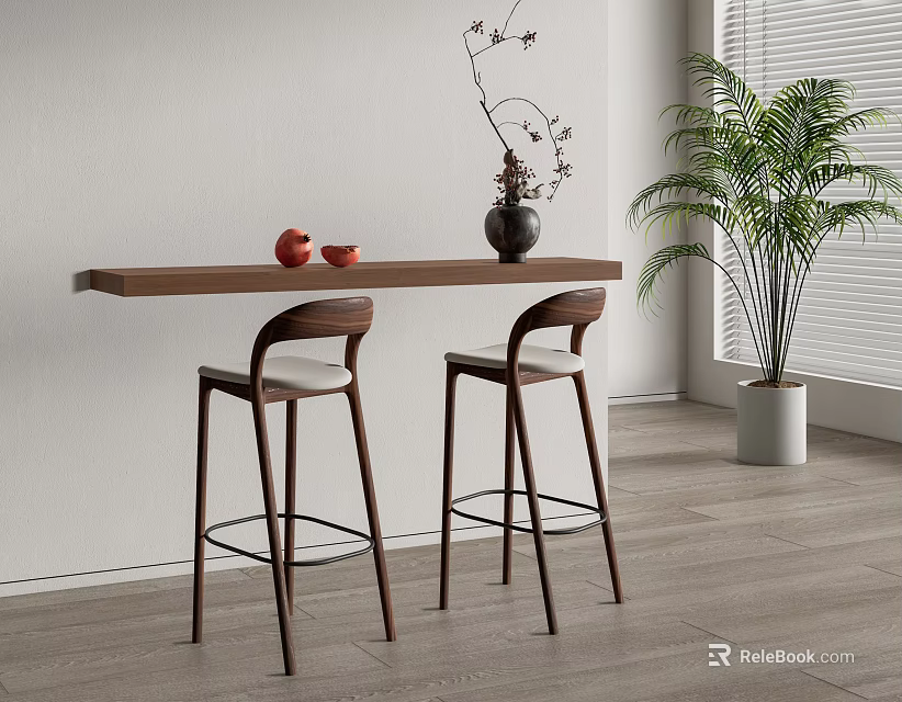 Modern Wooden Bar Counter With Bar Stools Vase Red Apples And Large Green Plant 3d model 