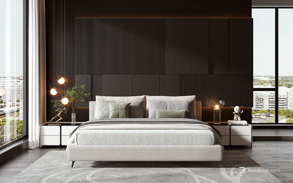 Modern Bedroom With White Double Bed Dark Accent Wall Nightstands Pendant Lights Plants And Rug 3d model 
