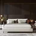 Modern Bedroom With White Double Bed Dark Accent Wall Nightstands Pendant Lights Plants And Rug