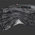 Classic Blue Denim Jeans Stacked With Brand Tags On Black Background