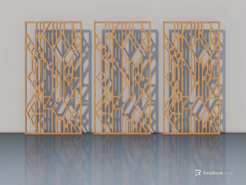 Three Panel Casement Windows With Geometric Hollow Design And Orange Frame 3d model 