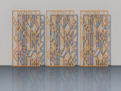 Three Panel Casement Windows With Geometric Hollow Design And Orange Frame 3d model