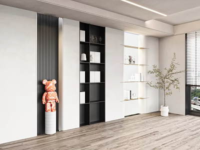 Modern Decorative Cabinet Violence Bear Acrylic Luminous Backboard Decorative Background Wall Green Plant Books 3d model