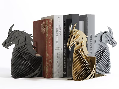 Horse Head Bookends With Classic Modern Books In Black Gold Silver Design 3d model