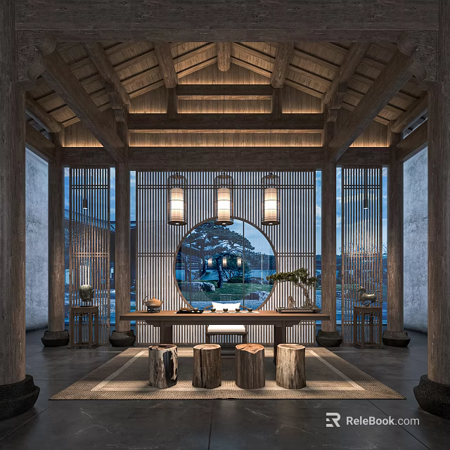 Traditional Chinese Tea House Interior Design With Wooden Beams Hanging Lanterns And Stone Stools 3d model 