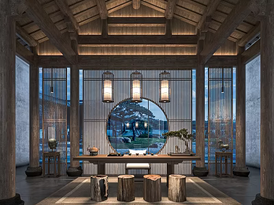 Traditional Chinese Tea House Interior Design With Wooden Beams Hanging Lanterns And Stone Stools 3d model
