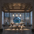 Traditional Chinese Tea House Interior Design With Wooden Beams Hanging Lanterns And Stone Stools