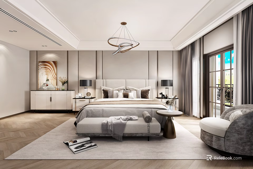 Modern Bedroom Interior With Circular Chandelier Bed Bench Nightstands Table Lamps And Gray Curtains 3d model 