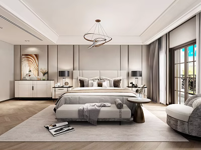 Modern Bedroom Interior With Circular Chandelier Bed Bench Nightstands Table Lamps And Gray Curtains 3d model