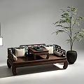 Traditional Dark Wood Arhat Daybed with Carved Design Cushions and Side Table in Modern Interior