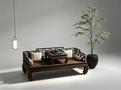 Traditional Dark Wood Arhat Daybed with Carved Design Cushions and Side Table in Modern Interior 3d model