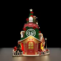Christmas Tree Shaped Decoration With Red Base Green Top Star Windows And White Fence