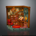 Vintage Miniature Study Nook With Wooden Bookshelf Red Armchair Open Book And Globe