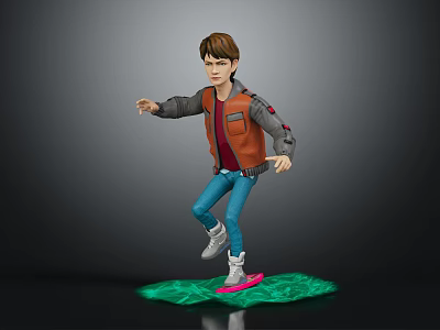 Boy In Brown Jacket Riding Green Creature Skateboard With Blue Jeans 3d model