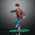 Boy In Brown Jacket Riding Green Creature Skateboard With Blue Jeans
