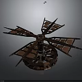Traditional Windmill Architectural Structure With Wooden Blades And Central Axis