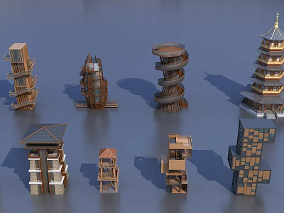 Diverse Designed Towers With Spiral Structures Wooden Frames And Traditional Styles 3d model