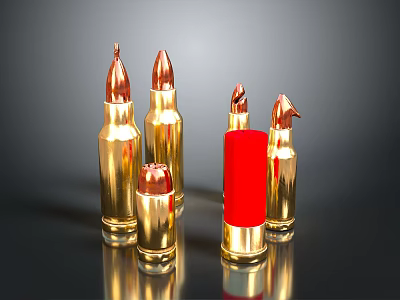 Weapon Ammunition Collection with Golden Bullets of Various Sizes and Red Cylinder 3d model