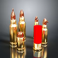 Weapon Ammunition Collection with Golden Bullets of Various Sizes and Red Cylinder