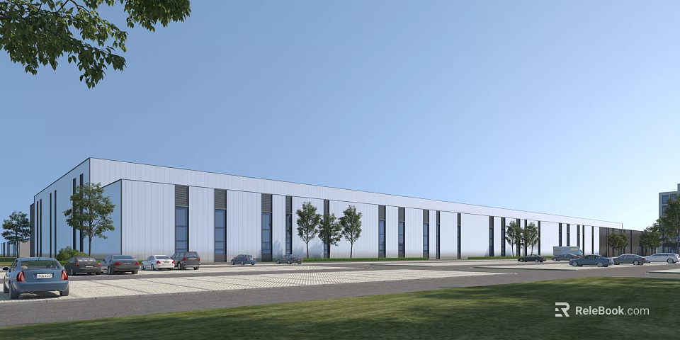 Modern Industrial Warehouse Exterior With Large Windows Trees Parking Lot And Grass Area 3d model 