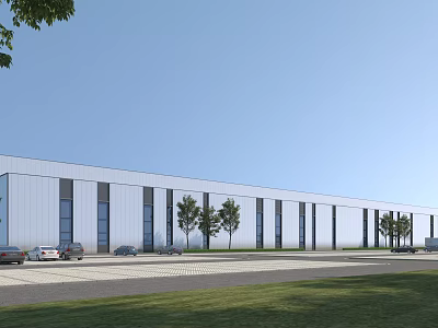 Modern Industrial Warehouse Exterior With Large Windows Trees Parking Lot And Grass Area 3d model