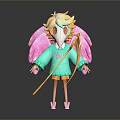 3D Fantasy Character Design With Pink Wings Cyan Robe Skull Mask And Golden Staff